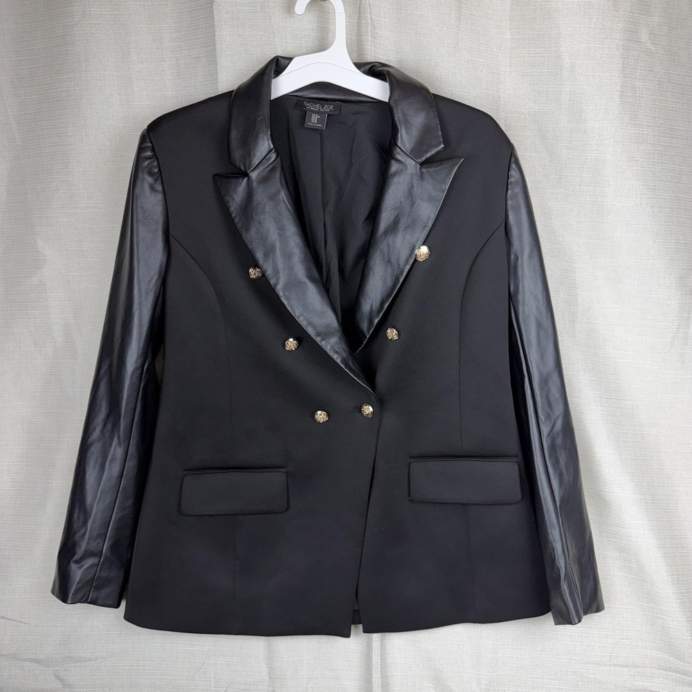 Rachel Zoe Blazer Jacket Womens Medium Black Faux Leather Sleeve Double Breasted